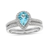 Thumbnail Image 1 of Pear-Shaped Aquamarine and 1/4 CT. T.W. Diamond Frame Bridal Set in 14K White Gold