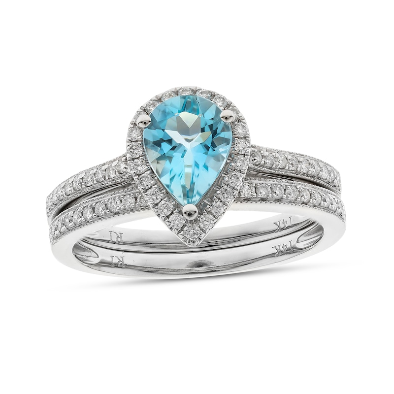 Main Image 1 of Pear-Shaped Aquamarine and 1/4 CT. T.W. Diamond Frame Bridal Set in 14K White Gold