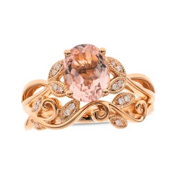 Oval Morganite and 1/15 CT. T.W. Diamond Vintage-Style Floral Bridal Set in 14K Rose Gold