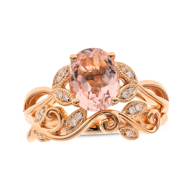 Rose Gold Morganite Ring Bridal Set in Vintage Diamond Floral Band 14K White Gold / 7.0