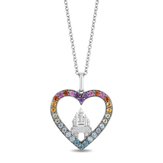 Enchanted Disney Ultimate Princess Celebration Multi-Gemstone and 1/20 CT. T.w. Diamond Heart Pendant in Sterling Silver