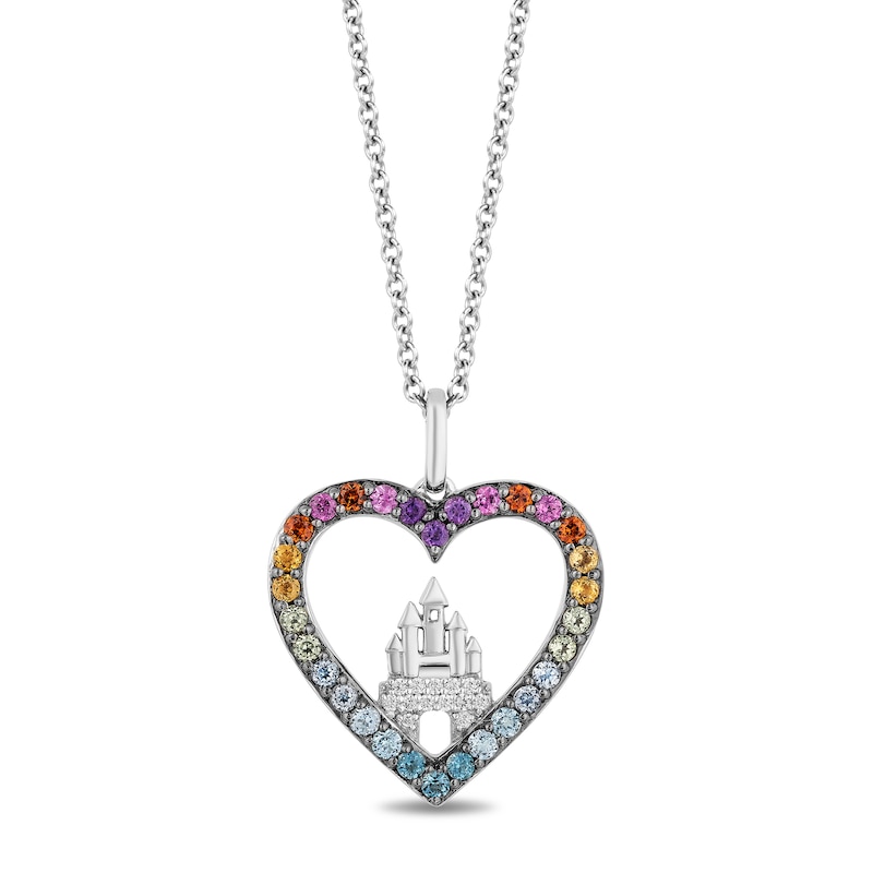 Main Image 1 of Enchanted Disney Ultimate Princess Celebration Multi-Gemstone and 1/20 CT. T.W. Diamond Heart Pendant in Sterling Silver