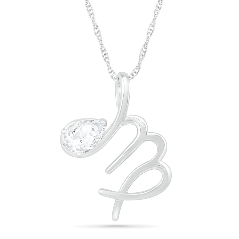 Pear-Shaped White Lab-Created Sapphire Virgo Zodiac Sign Pendant in Sterling Silver