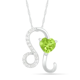 6.0mm Heart-Shaped Peridot and White Lab-Created Sapphire Leo Zodiac Sign Pendant in Sterling Silver