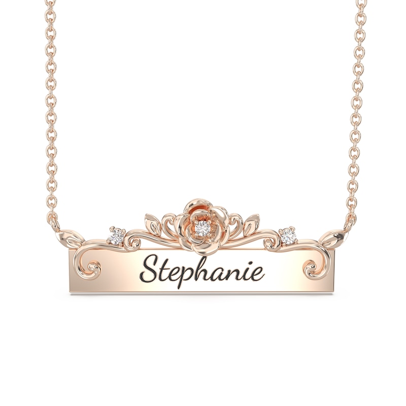 Enchanted Disney Belle 1/20 CT. T.W. Diamond Sideways Bar with Rose Necklace in 10K Gold (1 Line)
