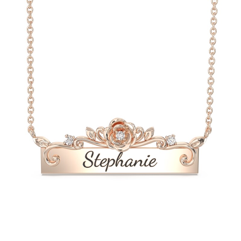 Enchanted Disney Belle 1/20 CT. T.W. Diamond Sideways Bar with Rose Necklace in 10K Gold (1 Line)