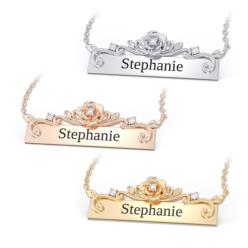 Enchanted Disney Belle 1/20 CT. T.W. Diamond Sideways Bar with Rose Necklace in 10K Gold (1 Line)