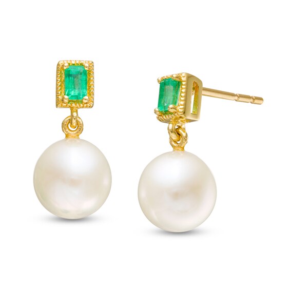 7.0mm Freshwater Cultured Pearl and Baguette Emerald Vintage-Style Drop Earrings in 10K Gold