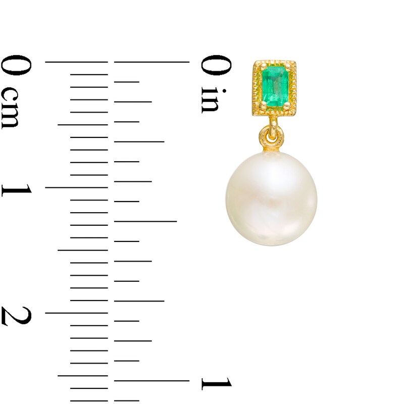 7.0mm Cultured Freshwater Pearl and Baguette Emerald Vintage-Style Drop Earrings in 10K Gold