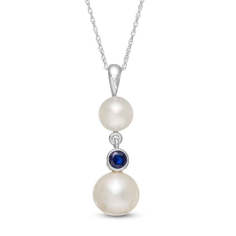 Main Image 1 of Button Freshwater Cultured Pearl and Blue Sapphire Double Drop Pendant in 10K White Gold