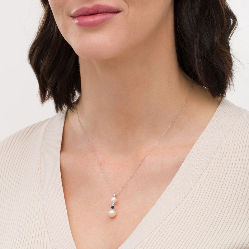 Main Image 2 of Button Freshwater Cultured Pearl and Blue Sapphire Double Drop Pendant in 10K White Gold