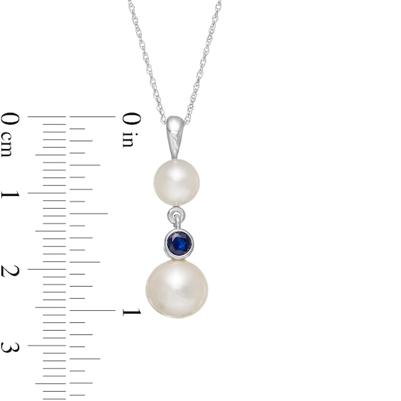 Button Freshwater Cultured Pearl and Blue Sapphire Double Drop Pendant in 10K White Gold