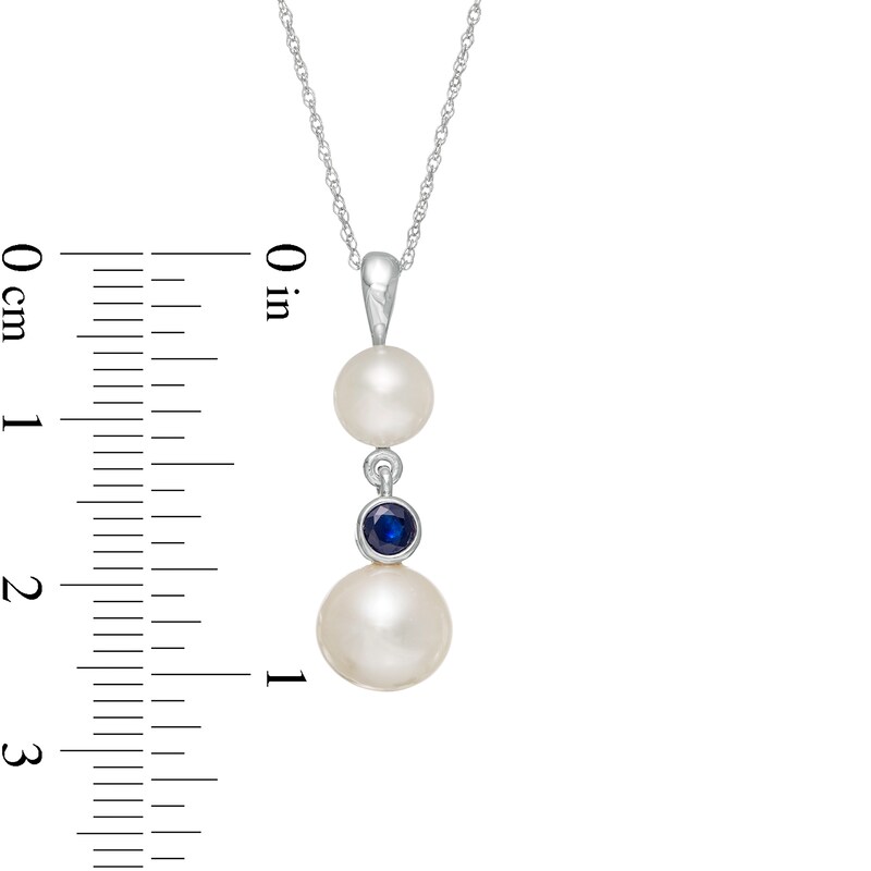 Main Image 3 of Button Freshwater Cultured Pearl and Blue Sapphire Double Drop Pendant in 10K White Gold