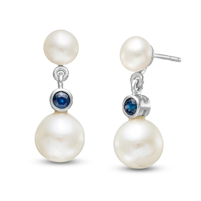 Button Cultured Freshwater Pearl and Blue Sapphire Double Drop Earrings in 10K White Gold