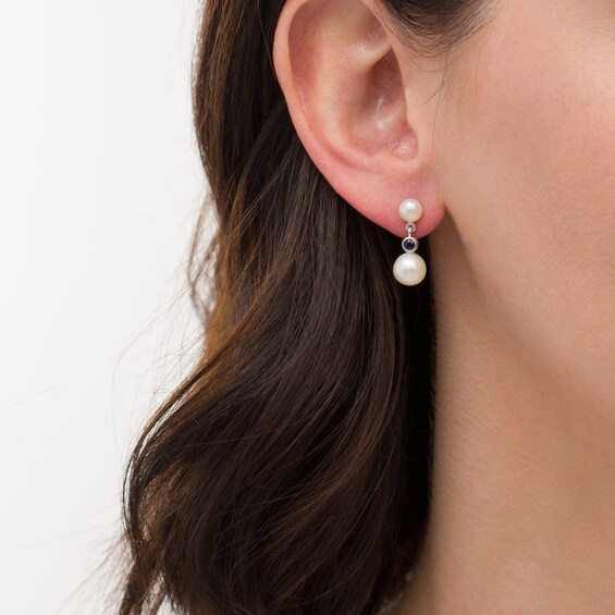 Button Freshwater Cultured Pearl and Blue Sapphire Double Drop Earrings in 10K White Gold