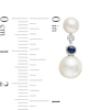 Thumbnail Image 2 of Button Cultured Freshwater Pearl and Blue Sapphire Double Drop Earrings in 10K White Gold