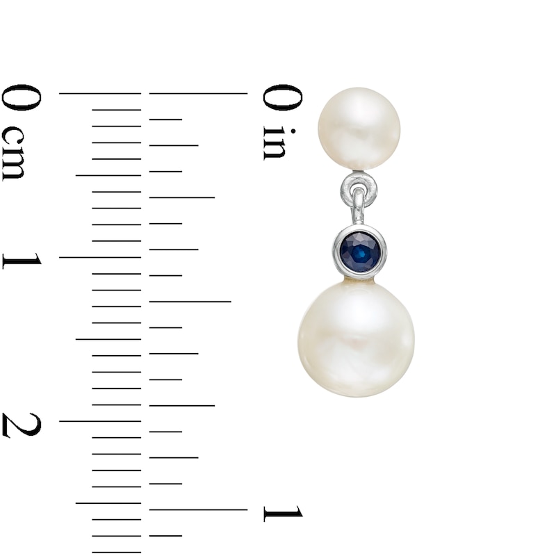 Button Cultured Freshwater Pearl and Blue Sapphire Double Drop Earrings in 10K White Gold