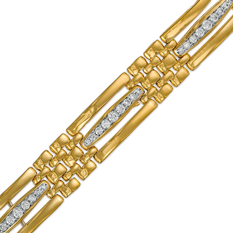 Main Image 1 of Men's 1 CT. T.W. Diamond Triple Row Bar and Brick Pattern Alternating Link Bracelet in 10K Gold - 8.25&quot;