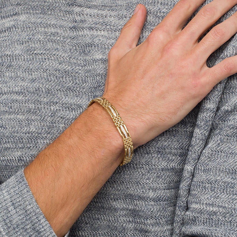 Main Image 2 of Men's 1 CT. T.W. Diamond Triple Row Bar and Brick Pattern Alternating Link Bracelet in 10K Gold - 8.25&quot;