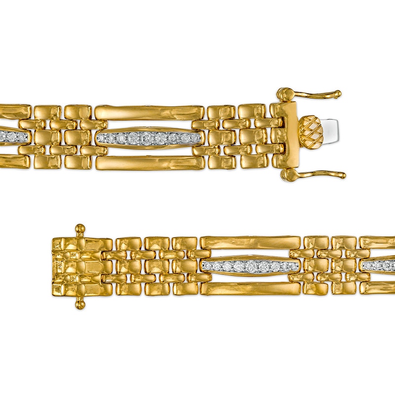 Main Image 3 of Men's 1 CT. T.W. Diamond Triple Row Bar and Brick Pattern Alternating Link Bracelet in 10K Gold - 8.25&quot;
