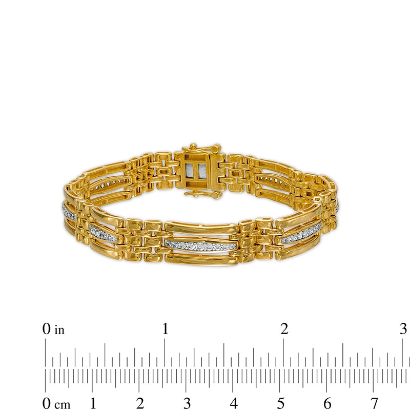 Main Image 4 of Men's 1 CT. T.W. Diamond Triple Row Bar and Brick Pattern Alternating Link Bracelet in 10K Gold - 8.25&quot;