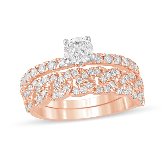 1 CT. T.w. Diamond Cuban Curb Chain Link Bridal Set in 10K Rose Gold