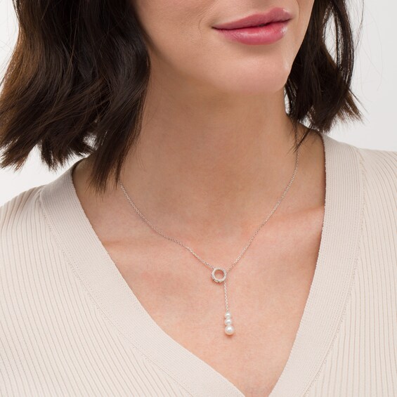 4.0-6.0mm Freshwater Cultured Pearl and 1/10 CT. T.w. Diamond Circle Lariat Necklace in 10K White Gold