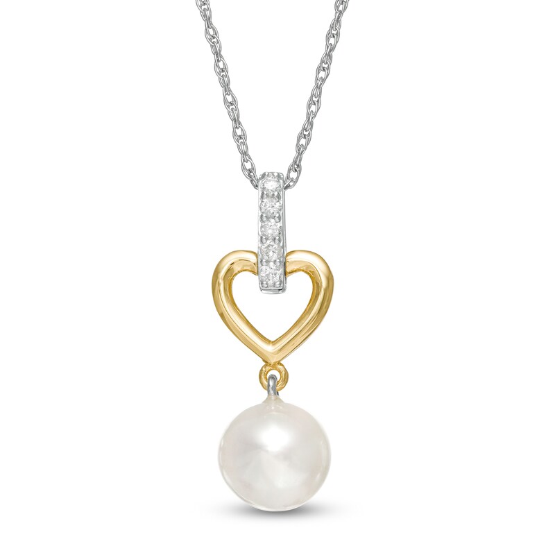 Main Image 1 of 8.0mm Freshwater Cultured Pearl and 1/15 CT. T.W. Diamond Heart Drop Pendant in 10K Gold and Sterling Silver