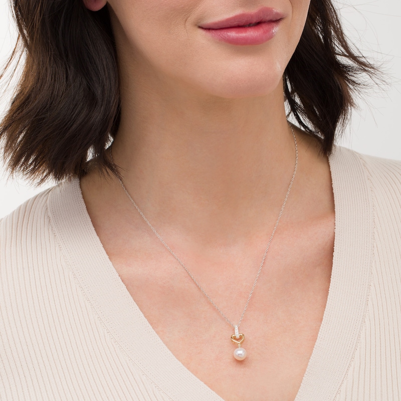 Main Image 2 of 8.0mm Freshwater Cultured Pearl and 1/15 CT. T.W. Diamond Heart Drop Pendant in 10K Gold and Sterling Silver