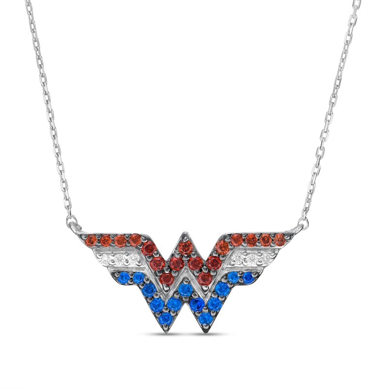 Main Image 1 of Wonder Woman™ Collection Garnet, Blue Sapphire and 1/20 Diamond CT. T.W. Symbol Necklace in Sterling Silver - 18"