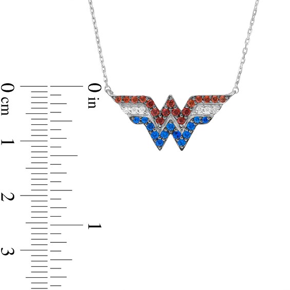 Wonder Woman™ Collection Garnet, Blue Sapphire and 1/20 Diamond CT. T.w. Symbol Necklace in Sterling Silver - 18"
