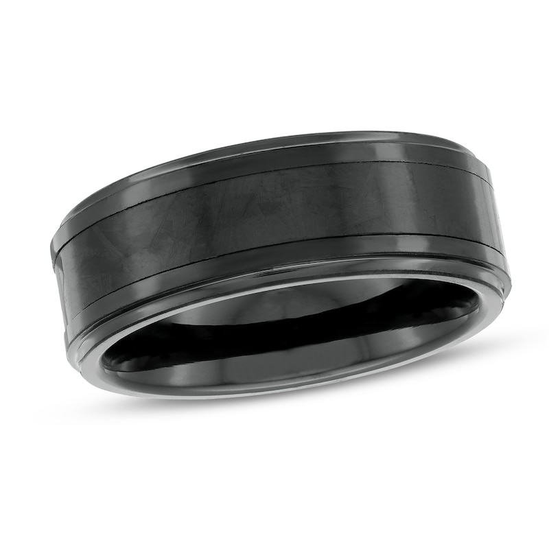 Main Image 1 of 8.0mm Triple Row Stepped Edge Comfort-Fit Wedding Band in Tantalum with Black IP and Carbon Fiber Inlay - Size 10