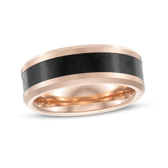 Men's 8.0mm Triple Row Beveled Edge Comfort-Fit Wedding Band in Tantalum with Rose IP and Carbon Fiber Inlay - Size 10 Men's 8.0mm Triple Row Beveled Edge Comfort-Fit Wedding Band in Tantalum with Rose IP and Carbon Fiber Inlay - Size 10