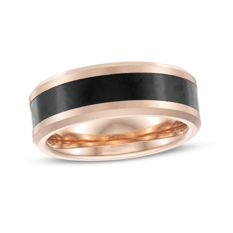Men's 8.0mm Triple Row Beveled Edge Comfort-Fit Wedding Band in Tantalum with Rose IP and Carbon Fiber Inlay - Size 10