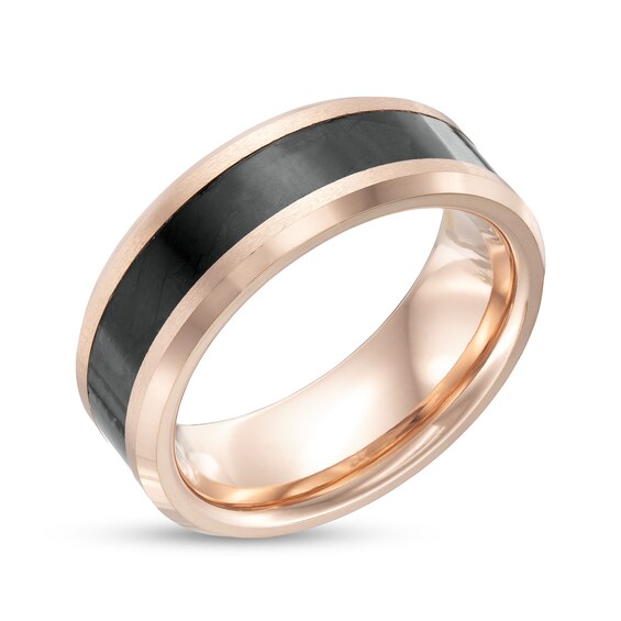 8.0mm Triple Row Beveled Edge Comfort-Fit Wedding Band in Tantalum with Rose IP and Carbon Fiber Inlay - Size 10