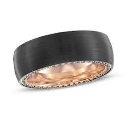 Men's Black Sapphire Outer Edge Brushed Low Dome Comfort-Fit Wedding Band in Tungsten with Black and Rose IP - Size 10