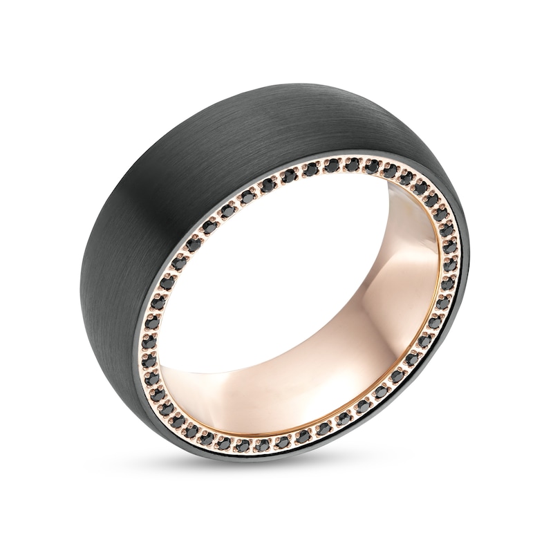 Main Image 3 of Men's Black Sapphire Outer Edge Brushed Low Dome Comfort-Fit Wedding Band in Tungsten with Black and Rose IP - Size 10