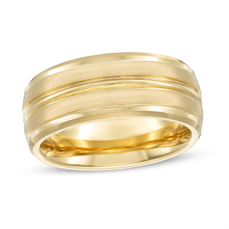 Main Image 1 of 9.0mm Satin Grooved Beveled Edge Comfort-Fit Wedding Band in Tungsten with Yellow Ion-Plate - Size 10