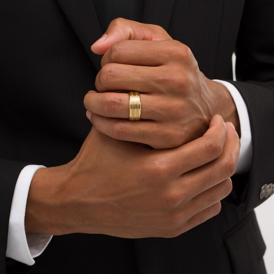 9.0mm Satin Grooved Beveled Edge Comfort-Fit Wedding Band in Tungsten with Yellow Ion-Plate - Size 10