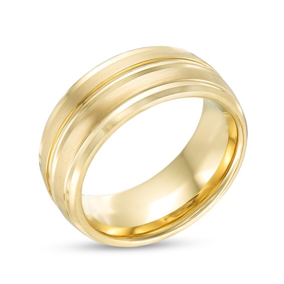 9.0mm Satin Grooved Beveled Edge Comfort-Fit Wedding Band in Tungsten with Yellow Ion-Plate - Size 10