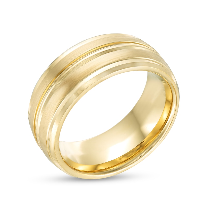 Main Image 3 of 9.0mm Satin Grooved Beveled Edge Comfort-Fit Wedding Band in Tungsten with Yellow Ion-Plate - Size 10