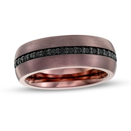 Men's Black Sapphire Inlay Brushed Low Dome Comfort-Fit Wedding Band in Tungsten with Brown IP - Size 10
