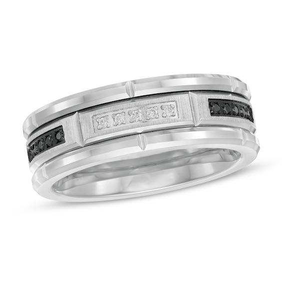 Men's 1/8 CT. T.W. Enhanced Black and White Diamond Brick Pattern Wedding Band in Tungsten and Black IP - Size 10 Men's 1/8 CT. T.W. Enhanced Black and White Diamond Brick Pattern Wedding Band in Tungsten and Black IP - Size 10