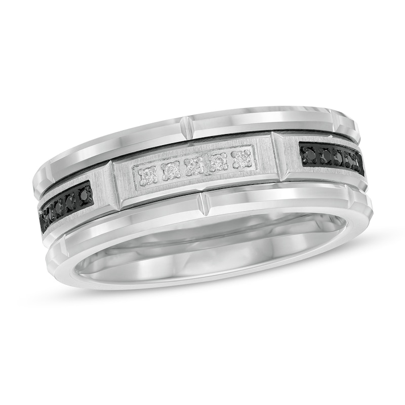 Main Image 1 of 1/8 CT. T.W. Black Enhanced and White Diamond Brick Pattern Wedding Band in Tungsten and Black IP - Size 10
