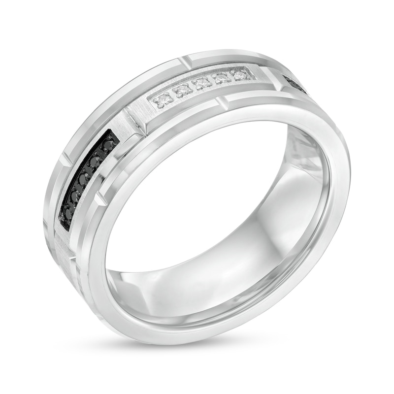 Main Image 3 of 1/8 CT. T.W. Black Enhanced and White Diamond Brick Pattern Wedding Band in Tungsten and Black IP - Size 10