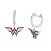 Thumbnail Image 0 of Wonder Woman™ Collection Garnet, Blue Sapphire and 1/20 CT. T.W. Diamond Symbol Drop Earrings in Sterling Silver