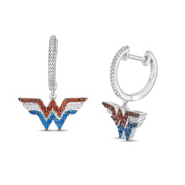 Wonder Woman™ Collection Garnet, Blue Sapphire and 1/20 CT. T.W. Diamond Symbol Drop Earrings in Sterling Silver