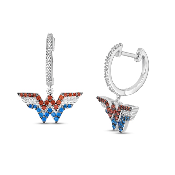 Wonder Woman⢠Collection Garnet, Blue Sapphire and 1/20 CT. T.w. Diamond Symbol Drop Earrings in Sterling Silver