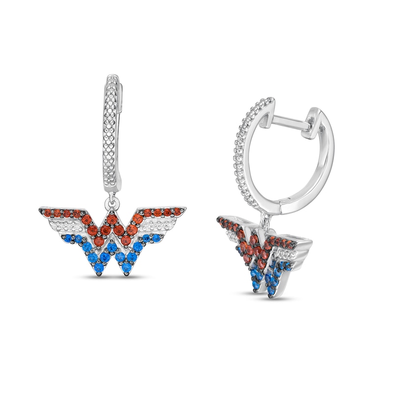 Wonder Woman™ Collection Garnet, Blue Sapphire and 1/20 CT. T.W. Diamond Symbol Drop Earrings in Sterling Silver