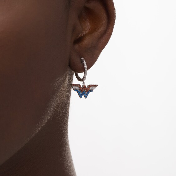 Wonder Womanâ¢ Collection Garnet, Blue Sapphire and 1/20 CT. T.w. Diamond Symbol Drop Earrings in Sterling Silver
